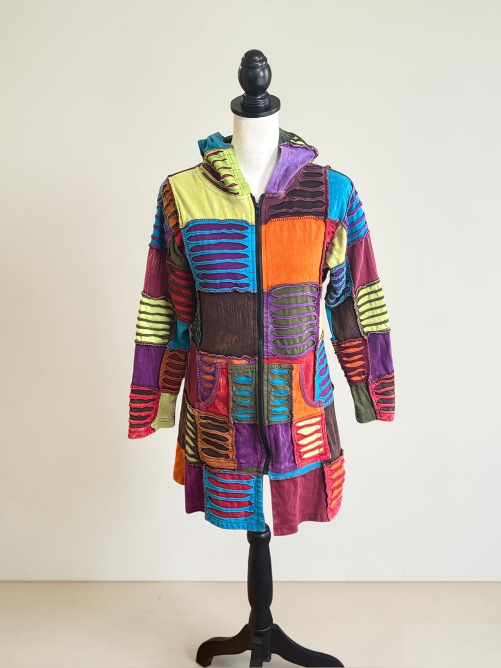 Greater Good 100% Cotton Patchwork Hooded Jacket S/M Boho Slash Cut Full Zip